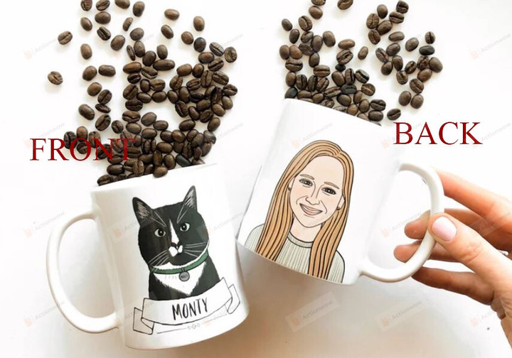 Custom Cat And Owner Portrait Mug, Pet Memorial Mug, Cat Lover Gifts Mug