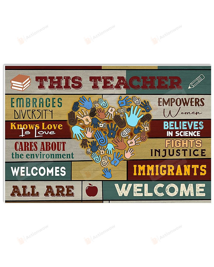 Blue Handprint Heart Classroom Poster Canvas, This Teacher Embraces Diversity Poster Canvas, Classroom Decor Poster Canvas