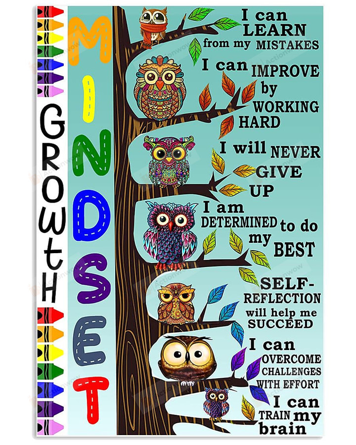 Owl Growth Mindset Poster Canvas, I Can Learn From My Mistakes Wall Art Poster Canvas, Back To School Gift Poster Canvas Art