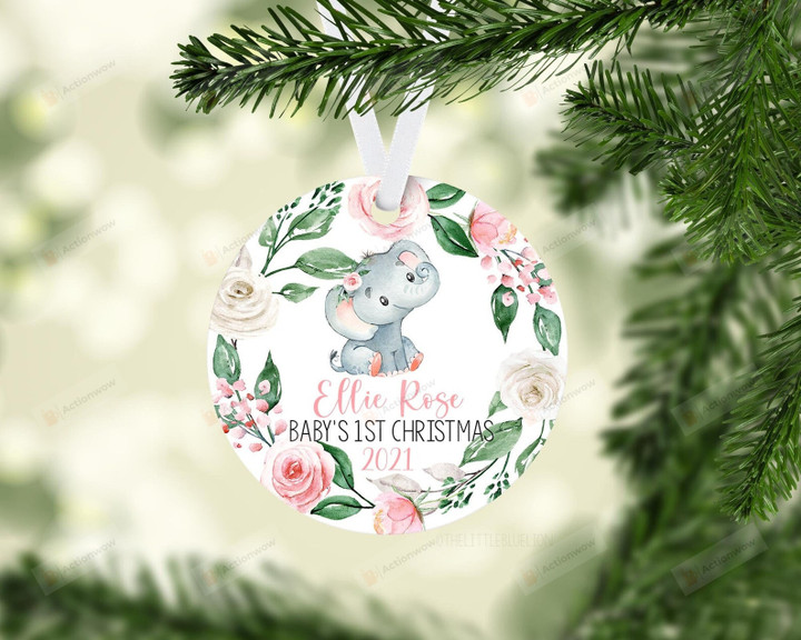 Personalized Elephant And Roses Baby's First Christmas Ornament, Elephant Lover Gift Ornament, Christmas Keepsake Gift Ornament