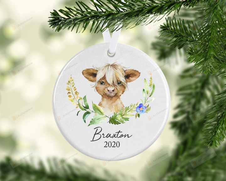 Personalized Highland Cow With Floral Ornament, Gifts For Cow Lovers Ornament, Christmas Gift Ornament