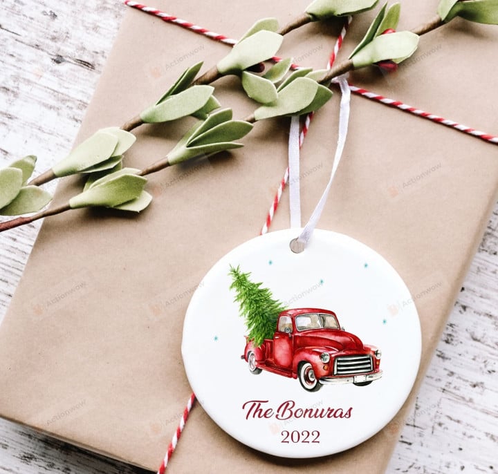 Personalized Red Truck With Christmas Tree Ornament, Gift For Car Lovers Ornament, Christmas Gift Ornament