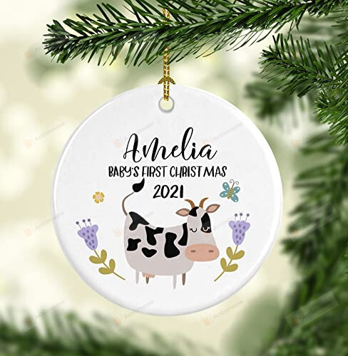 Cow Ornament Baby First Christmas Ornament 2021 Girl Personalized Girl First Christmas Ornament Farm Ornament New Baby Gift Baby 1st Christmas Keepsake Ornament