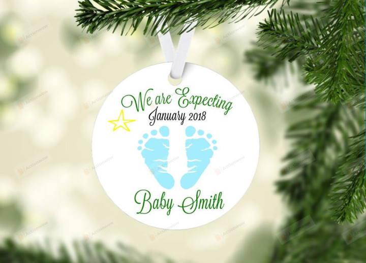 Personalized We Are Expecting Ornament, Blue Baby Feet Ornament, Christmas Gift Ornament