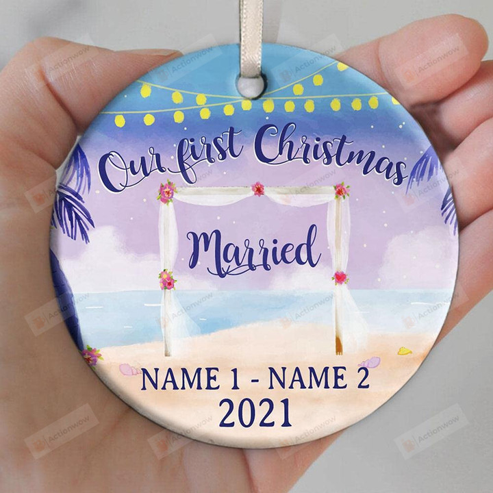 Personalized Beach Wedding Ornament, Our First Christmas Married Ornament, Mr Mrs Ornament