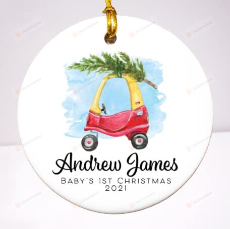 Personalized Newborn Baby First Christmas Ornament 2021, Baby's Toy Car Carrying Pine Tree Ornament For Little Daughter Son From New Parents, Christmas Decoration Ceramic Ornament