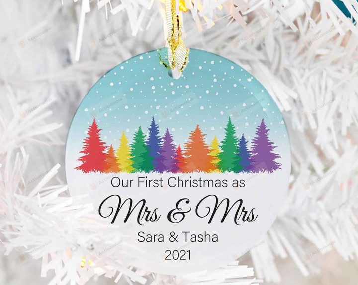 Personalized First Christmas Mrs And Mrs Lesbian Ceramic Ornament Married Gifts Lesbian Wedding Lesbian Wife Newlywed Christmas Rainbow Ornament 2021 Hanging Decor