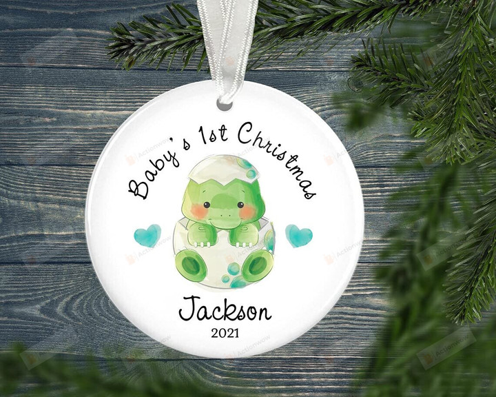 Personalized Dinosaur Christmas Ornament Baby Keepsake Dinosaur Baby Gift Baby Dinosaur Ornament Baby'S First Christmas Custom Decoration Set Hang In Tree Circle/Star/Oval/Heart Ornament