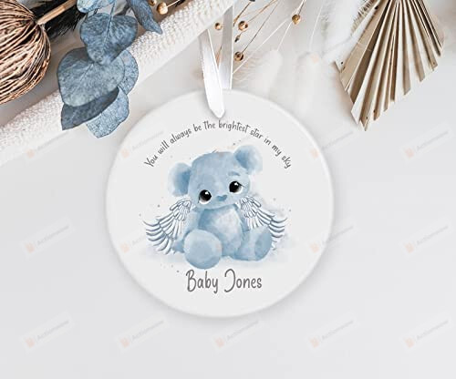 Personalized You Will Always Be The Brighest Star In My Sky Memorial Ornament For Baby Boy Loss, Teddy Bear With Angel Wings In Heaven Remembrance Gift For Loss Of Newborn Son