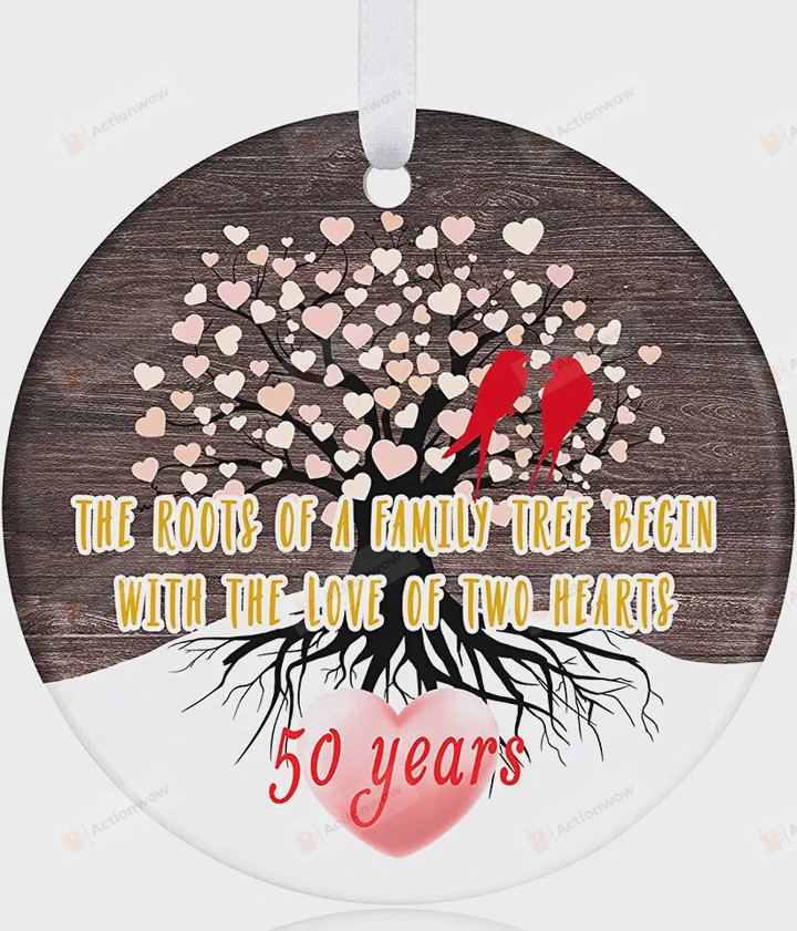 Personalized The Roots Of Family Tree Begin With The Love Of Two Heart Ornament, Gift For Family Members Ornament, Christmas Gift Ornament