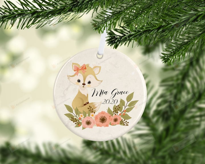 Personalized Floral Fox Baby Ornament, Fox Lover Gift Ornament, Keepsake Gift For Baby Ornament