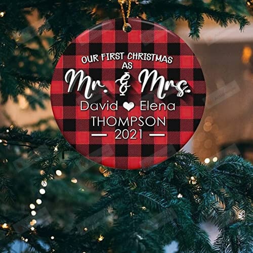 Personalized Our First Christmas As Mr & Mrs Red Buffalo Plaid Ornament, Family Christmas Ornament, Gift Idea, Funny First Baby Gifts For Men Women Christmas Tree Decoration