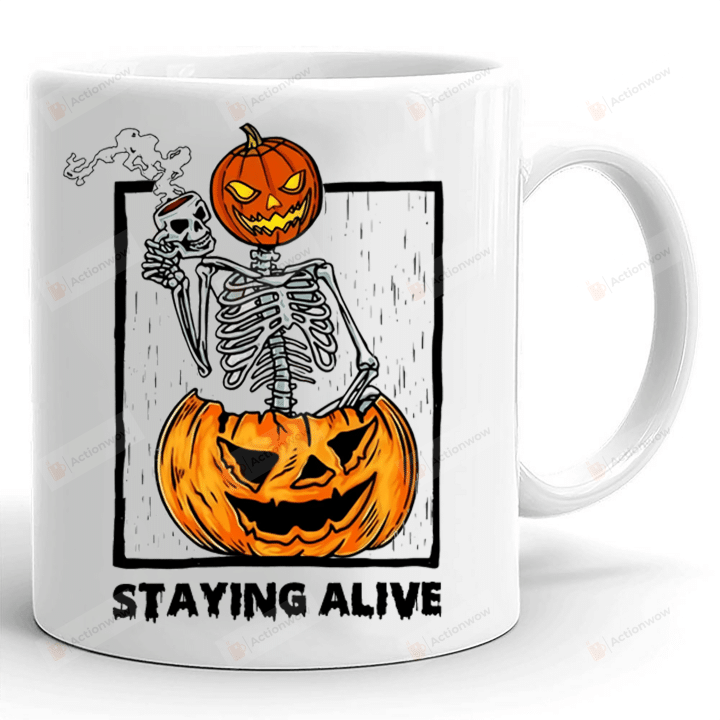 Skeleton Pumpkin Drink Coffee Mug, Staying Alive Coffee Mug For Men Women, Funny Halloween Mug Gifts For Skull Lover
