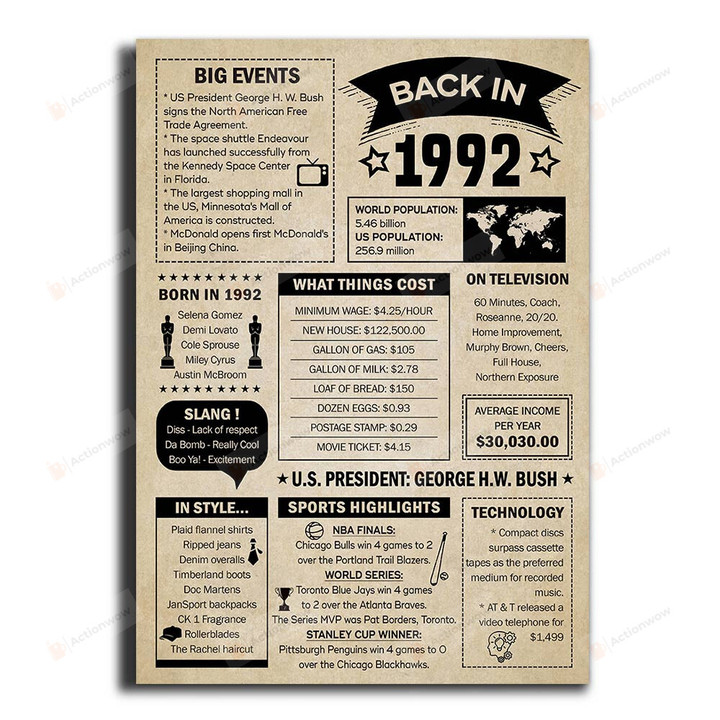 Back In 1992 Newspaper Poster, 30th Birthday Party Decorations For Women Men, Milestone Birthday