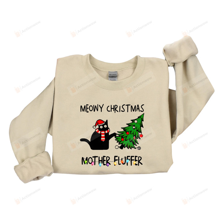 Meowy Christmas Mother Fluffer Shirt, Funny Cat Christmas Gifts For Cat Lovers, Funny Xmas Gift Ideas For Cat Mom Cat Dad, Gifts For Christmas