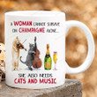 A Woman Cannot Survive On Champagne Alone Mug Cats And Music Mug Music Lovers Gift For Cat Mom On Mother's Day