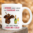 A Woman Cannot Survive On Champagne Alone Mug Bear And Cello Mug Music Lovers Gift, Bear Woodland Mug