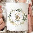 Personalized Ceramic Coffee Mug, Personalized Name Coffee Cup 11oz Or 15oz, Initial Mug, Gold Brown Initial With Wreath Flowers Mug, Gift For Friend On Birthday Christmas