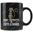 Easily Distracted By Cats And Books Mug, Cat Lovers Black Mug, Bookworm Gifts For Friends Family, Bookshelf Coffee Mug