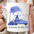 In November We Wear Blue Mug, Blue Gnome, Gifts For Friend For Family, Blue Truck