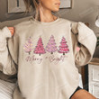 Pink Merry And Bright Christmas Sweatshirts For Women, Pink Christmas Tree Sweater For Her