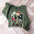 Skeleton Drinking Hot Coffee Christmas Sweatshirt For Women, Pullover Top Smiling Skull Graphic