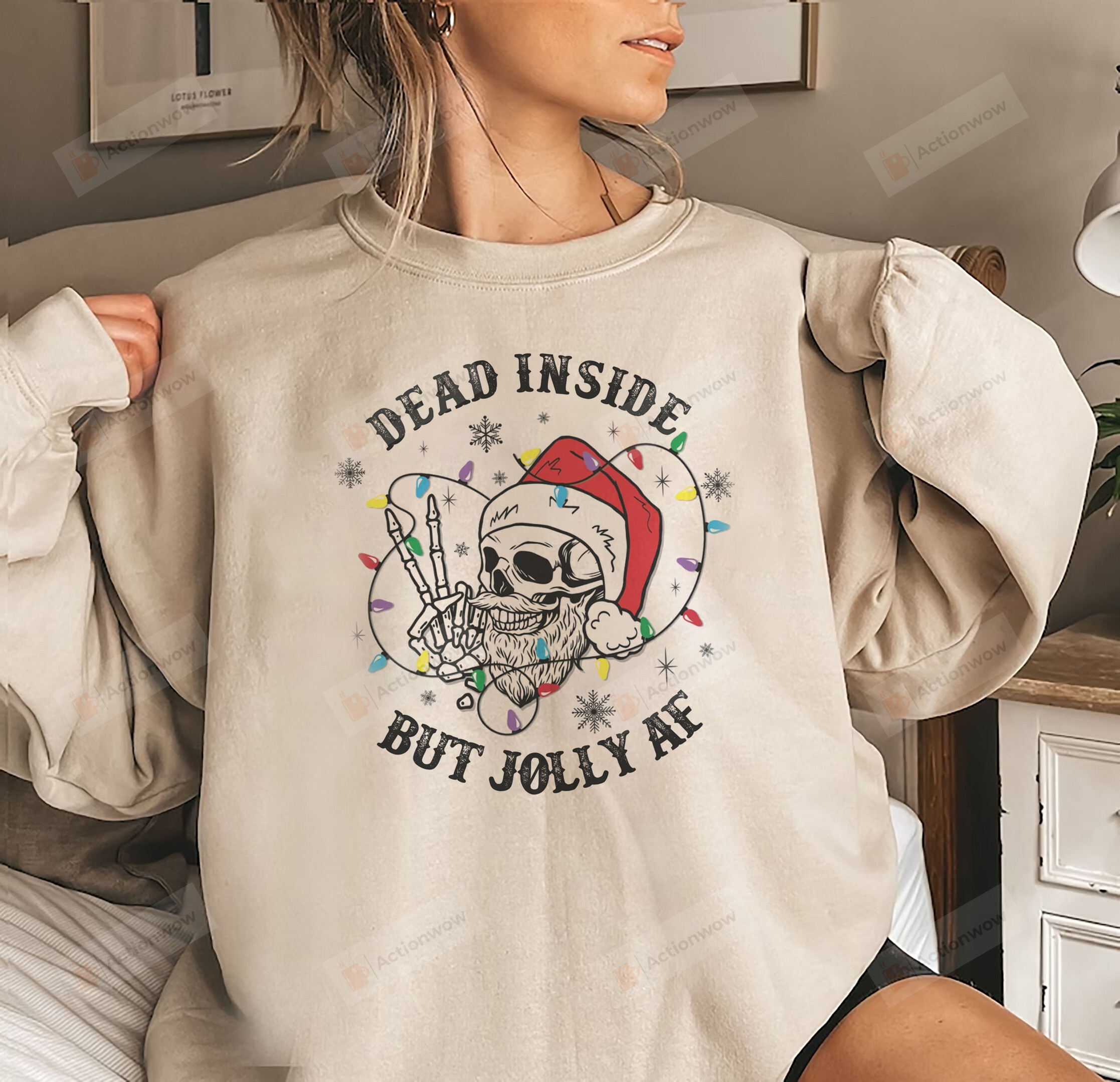 Dead Inside But Jolly Af Skull Santa Light Skeleton Pajamas Sweatshirts, Skeleton Mens Christmas Sweatshirt Shirt