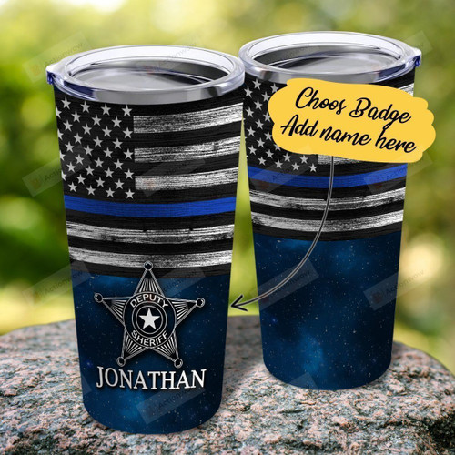Personalized Badge Thin Blue Line Stainless Steel Tumbler, Tumbler Cups For Coffee/Tea, Great Customized Gifts For Birthday Christmas Thanksgiving