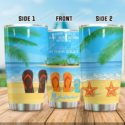 Personalized Flip Flop Born With The Beach In Their Souls Stainless Steel Tumbler Perfect Gifts For Beach Lover Tumbler Cups For Coffee/Tea, Great Customized Gifts For Birthday Christmas Thanksgiving