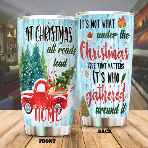 Red Car At Christmas All Roads Lead Home Stainless Steel Tumbler Perfect Gifts For Red Car Lover Tumbler Cups For Coffee/Tea, Great Customized Gifts For Birthday Christmas Thanksgiving