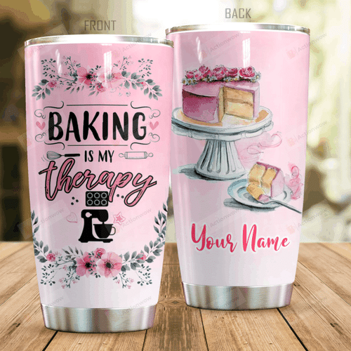 Personalized Baking Is My Therapy Pink Cake Stainless Steel Tumbler Perfect Gifts For Baking Lover Tumbler Cups For Coffee/Tea, Great Customized Gifts For Birthday Christmas Thanksgiving