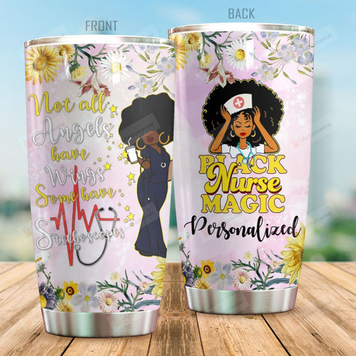 Personalized Nurse Black Nurse Magic Not All Angels Have Wings Flower Stainless Steel Tumbler Perfect Gifts For Nurse Tumbler Cups For Coffee/Tea, Great Customized Gifts For Birthday Christmas Thanksgiving