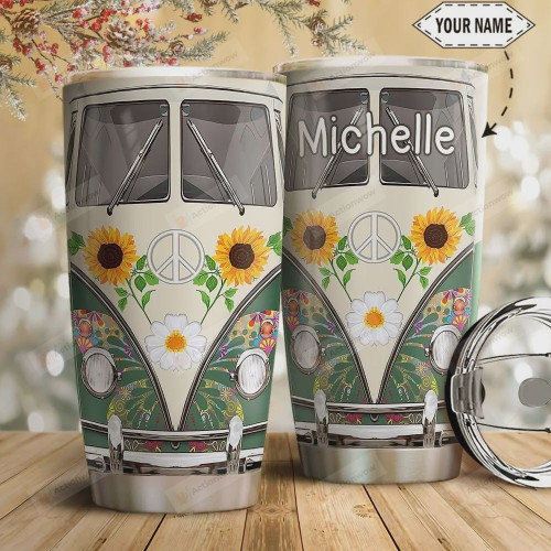 Personalized Hippie Vans Sunflower Butterfly Stainless Steel Tumbler, Tumbler Cups For Coffee/Tea, Great Customized Gifts For Birthday Christmas Thanksgiving