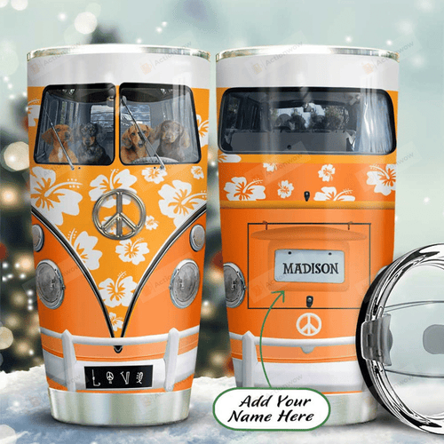 Personalized Orange Hibiscus Hippie Van Dog Stainless Steel Tumbler Perfect Gifts For Hippie Tumbler Cups For Coffee/Tea, Great Customized Gifts For Birthday Christmas Thanksgiving