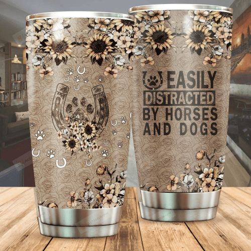 Flower Pattern Easily Distracted By Horses And Dogs Stainless Steel Tumbler Perfect Gifts For Horse And Dog Lover Tumbler Cups For Coffee/Tea, Great Customized Gifts For Birthday Christmas Thanksgiving