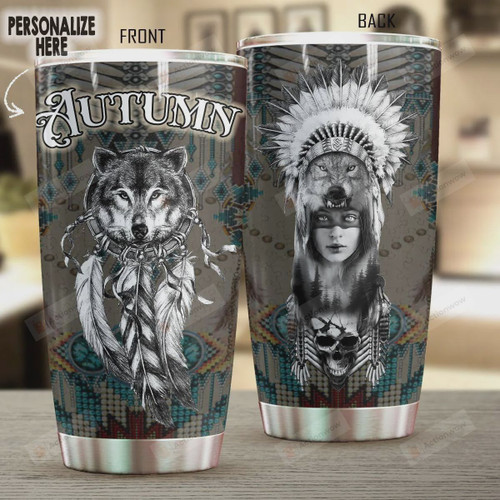 Personalized Native American Wolf Stainless Steel Tumbler, Tumbler Cups For Coffee/Tea, Great Customized Gifts For Birthday Christmas Thanksgiving