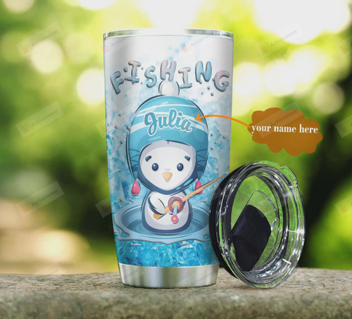 Personalized Penguin Go Fishing Stainless Steel Tumbler, Tumbler Cups For Coffee/Tea, Great Customized Gifts For Birthday Christmas Thanksgiving