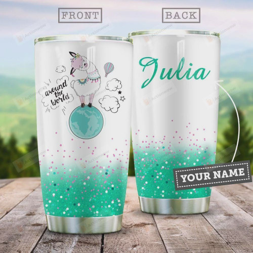 Personalized Llama Around The World Stainless Steel Tumbler, Tumbler Cups For Coffee/Tea, Great Customized Gifts For Birthday Christmas Thanksgiving