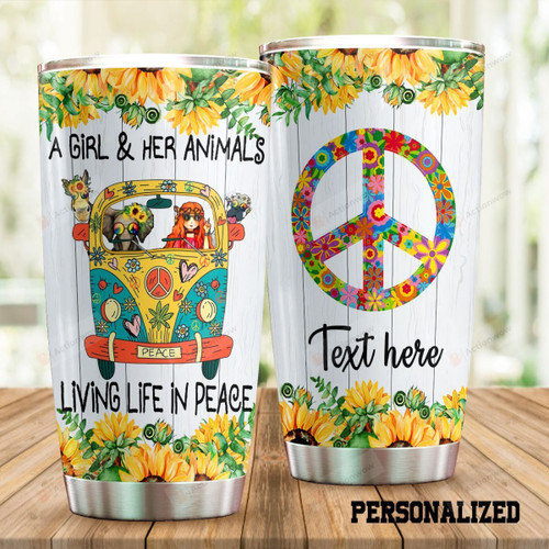 Personalized Hippie Van And Sunflower A Girl And Her Animals Living Life In Peace Stainless Steel Tumbler Perfect Gifts For Hippie Tumbler Cups For Coffee/Tea, Great Customized Gifts For Birthday Christmas Thanksgiving