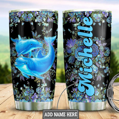 Personalized Dolphin Flowers Stainless Steel Tumbler Perfect Gifts For Dolphin Lovers Tumbler Cups For Coffee/Tea, Great Customized Gifts For Birthday Christmas Thanksgiving