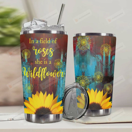 Personalized In A Field Of Roses She Is A Wildflower Stainless Steel Vacuum Insulated Double Wall Travel Tumbler With Lid, Tumbler Cups For Coffee/Tea, Perfect Gifts For Birthday Valentine Thanksgiving