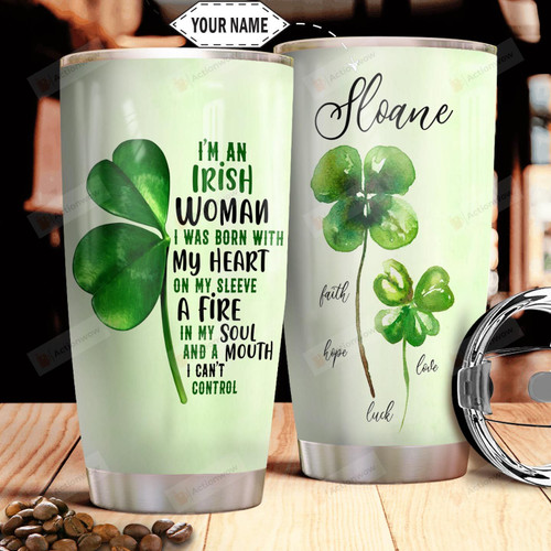 Personalized Irish Woman Clover My Heart On My Sleeve Stainless Steel Tumbler, Tumbler Cups For Coffee/Tea, Great Customized Gifts For Birthday Christmas Thanksgiving