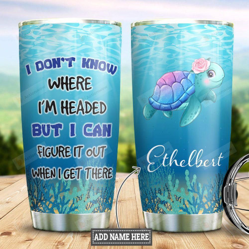 Personalized Adorable Sea Turtle Coral Tumbler Cup I Don't Know Where I'm Headed Blue Stainless Steel Vacuum Insulated Tumbler 20 Oz Gifts For Turtle Lovers Best Gifts For Birthday Christmas