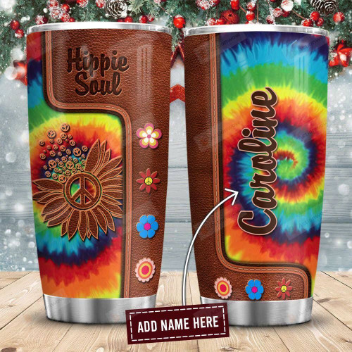 Leather Style Hippie Sunflower Tie Dye Personalized Tumbler Cup, Hippie Soul Stainless Steel Insulated Tumbler 20 Oz, Special Gifts For Birthday Christmas, Best Gifts For Hippie Lovers