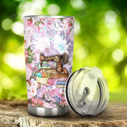 Flowers And Sewing Machine Stainless Steel Tumbler, Tumbler Cups For Coffee/Tea, Great Customized Gifts For Birthday Christmas Thanksgiving