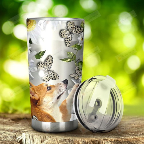 Corgi Playing With Butterfly Stainless Steel Tumbler, Tumbler Cups For Coffee/Tea, Great Customized Gifts For Birthday Christmas Thanksgiving