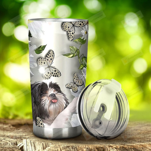 Shih Tzu Playing With Butterfly Stainless Steel Tumbler, Tumbler Cups For Coffee/Tea, Great Customized Gifts For Birthday Christmas Thanksgiving
