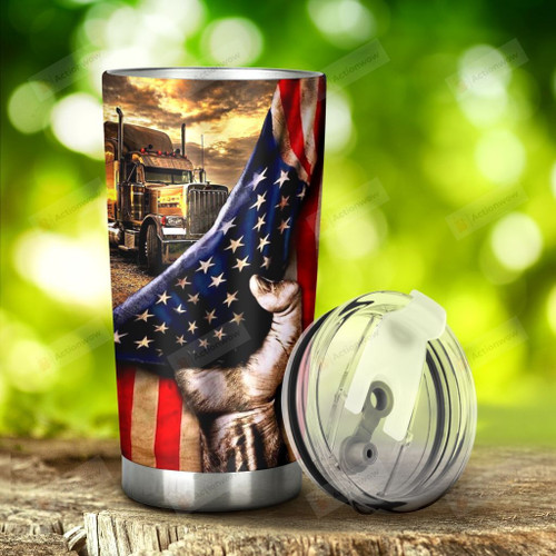 Truck And American Flag Tumbler Stainless Steel Tumbler, Tumbler Cups For Coffee/Tea, Great Customized Gifts For Birthday Christmas Thanksgiving