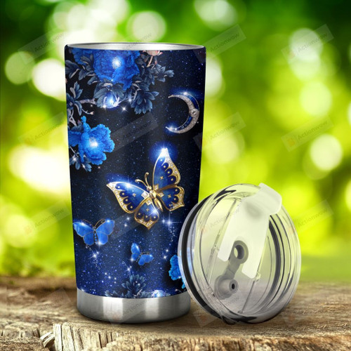 Blue Butterfly And Flower Tumbler Stainless Steel Tumbler, Tumbler Cups For Coffee/Tea, Great Customized Gifts For Birthday Christmas Thanksgiving