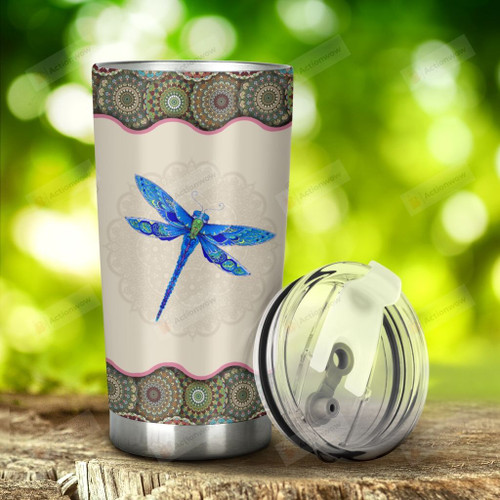 Blue Dragonfly Mandala Pattern Tumbler Stainless Steel Tumbler, Tumbler Cups For Coffee/Tea, Great Customized Gifts For Birthday Christmas Thanksgiving Anniversary